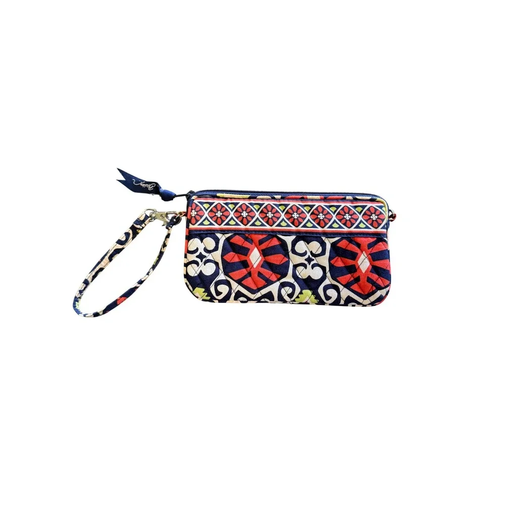 Vera Bradley Marrakesh All In One Wristlet Wallet Navy Red Geometric Quilted‎